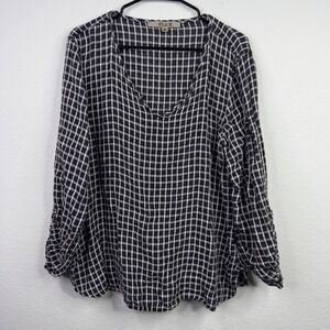 FLAX Shirt Top Women M Linen Gingham Check Roll Tab Artsy Lagenlook Boho Relaxed